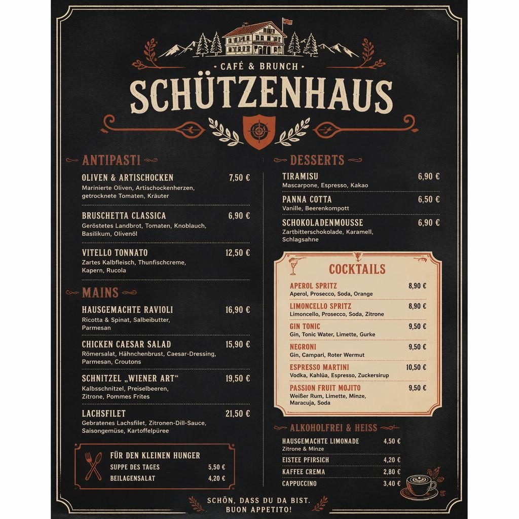 A4-Getränke- und Cocktailkarte für Restaurant Schützenhaus im Kreidetafel-Look in Creme und Rost mit Preis-Spalte