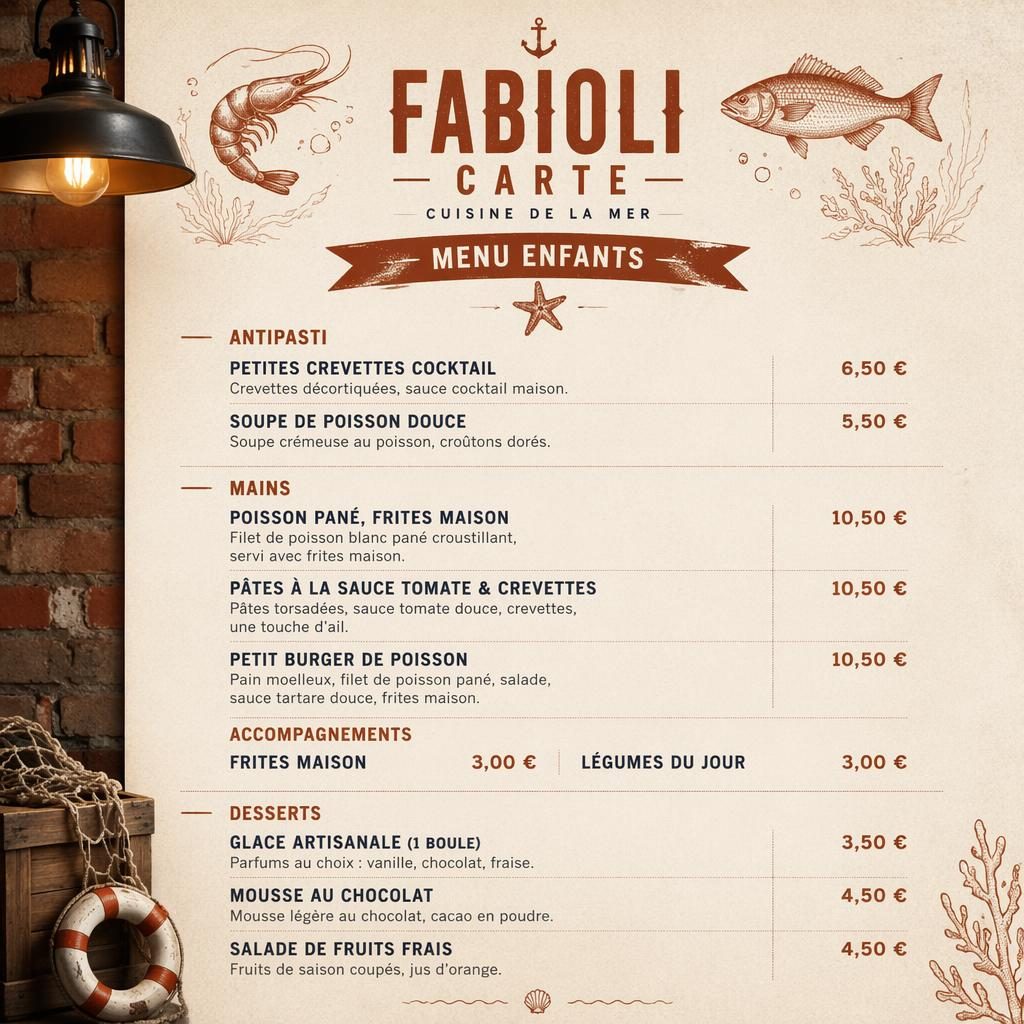 Carte de menu enfant A4 portrait fabioli carte, style loft industriel crème chaud et rouille, rubriques, plats et prix.