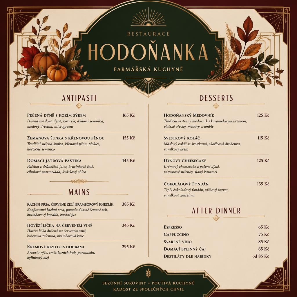A4 dezertní karta hodoňanka menu ve stylu art deco, podzimní paleta, dekorativní záhlaví, názvy dezertů a sloupec cen.