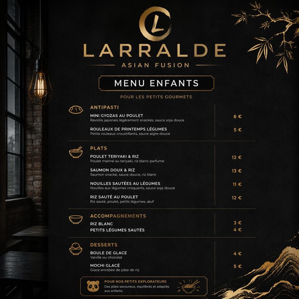 Carte menu enfant A4 en portrait pour restaurant larralde, style loft industriel noir et or, avec rubriques et prix.