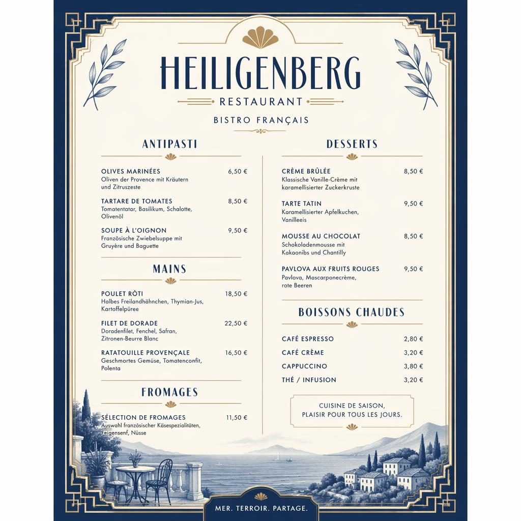 A4-Dessertkarte für heiligenberg restaurant im Art-Déco-Look, mediterranes Blau und Creme, Zierkopf, Platzhaltertext