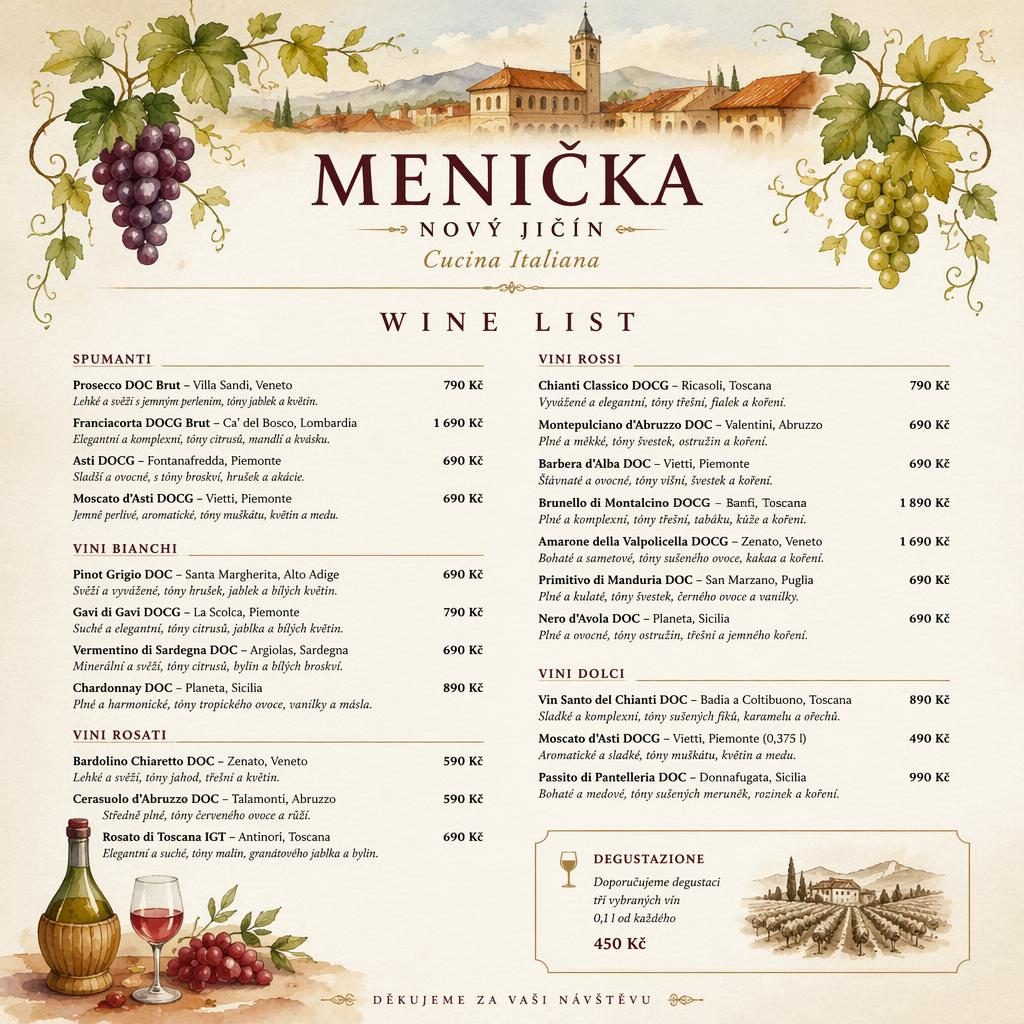 Akvarelový italský vinný lístek ve formátu A4 na výšku s dekorativní hlavičkou, sekcemi, zástupným textem a cenami.