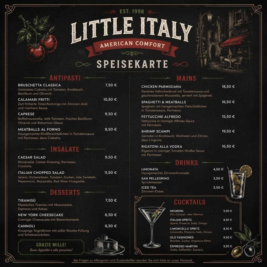 A4-Menükarte im Hochformat für little italy speisekarte, Cocktailkarte im Kreidetafelstil mit Preisen und Deko-Header.