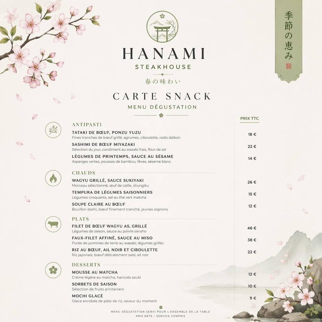 Carte snack A4 portrait style kaiseki japonais, palette printanière, en-tête décoratif, rubriques, plats et colonne de prix.