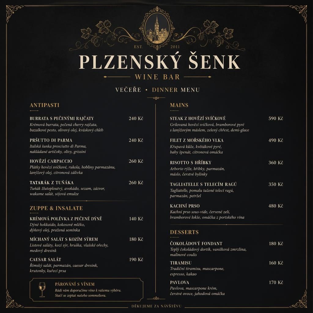 A4 menu karta pro Plzensky senk na výšku, tmavá luxusní paleta, dekorativní záhlaví, sekce jídel a sloupec s cenami.