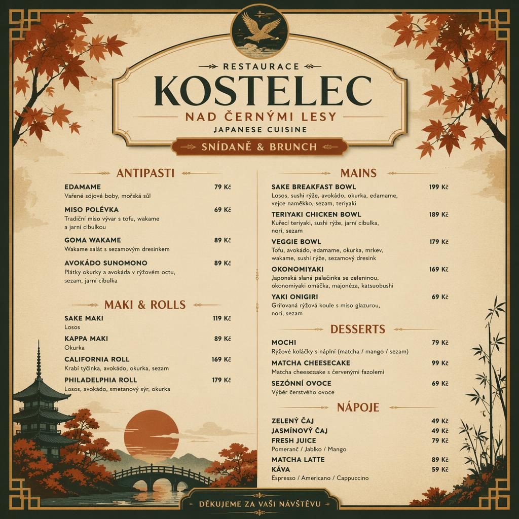 A4 menu karta pro japonskou sushi restauraci ve stylu 20. let, podzimní paleta, dekorativní záhlaví a ceny.