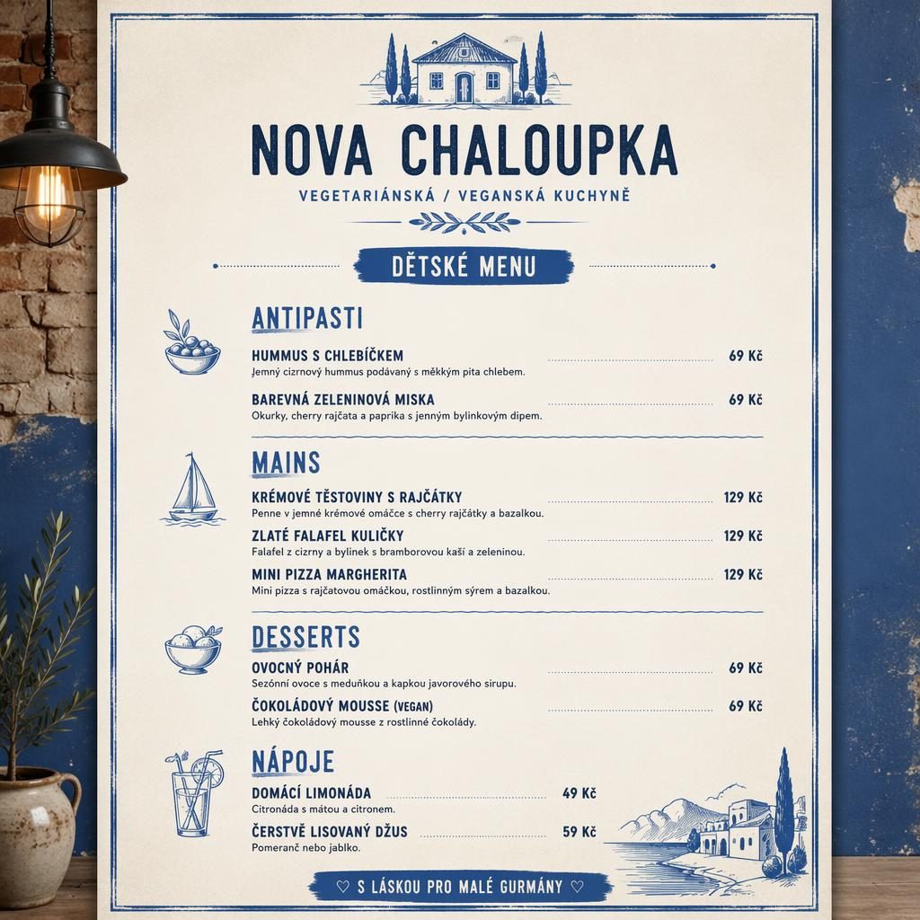 Tisková karta dětského menu Nova Chaloupka ve formátu A4, modro-krémová paleta, industriální loft a sloupce cen.