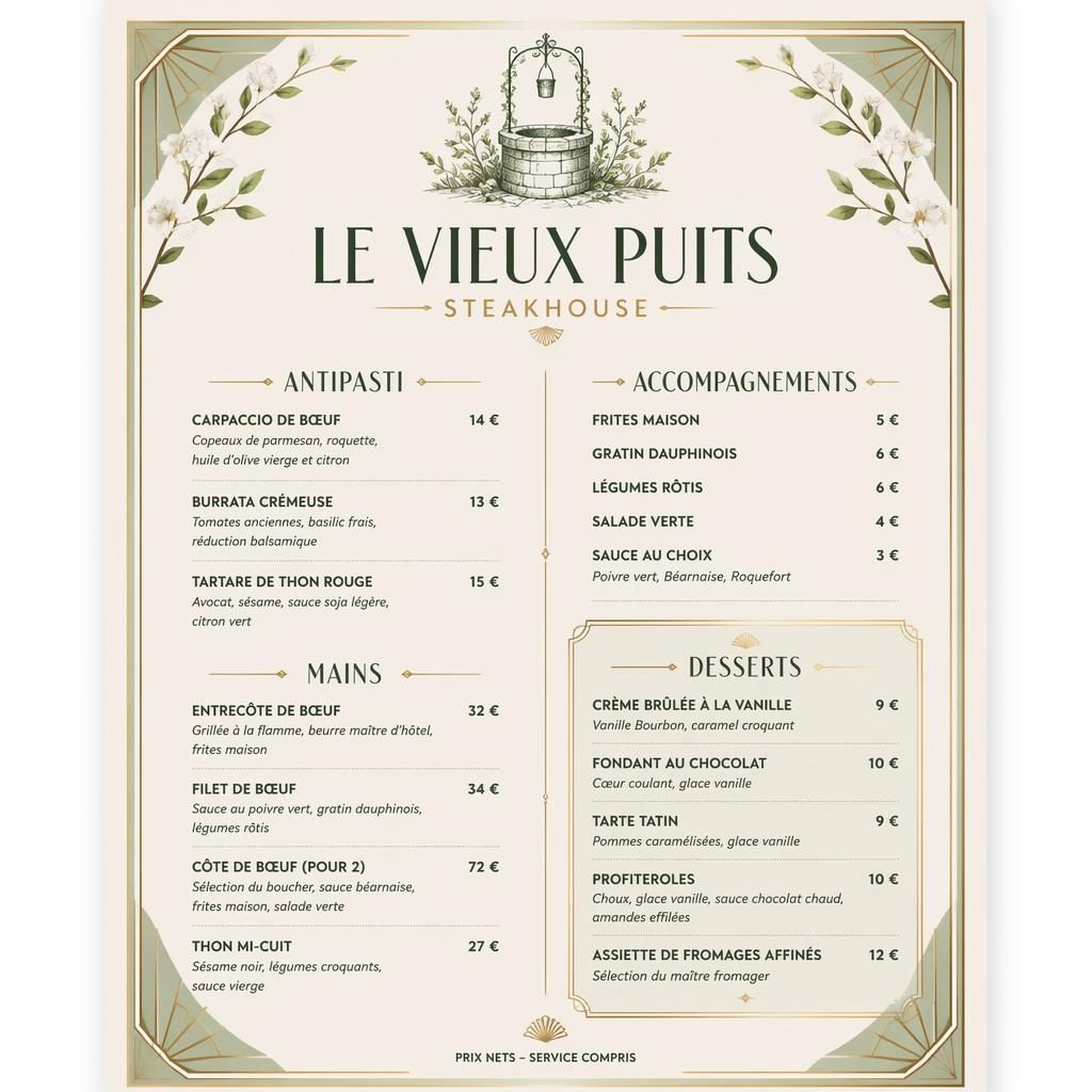 Carte de desserts A4 portrait style art déco, palette printanière, en-tête décoratif, typographie soignée et colonne de prix.