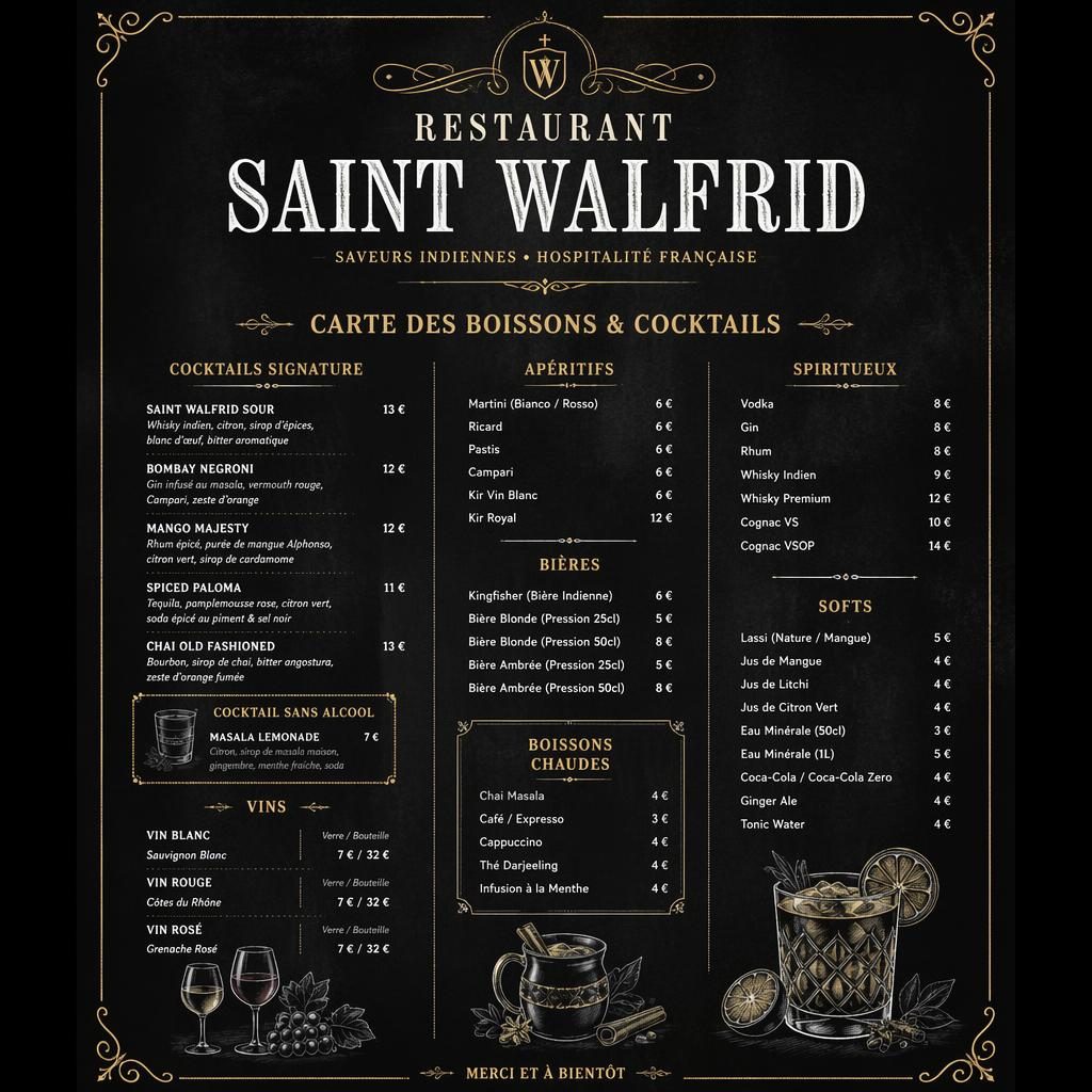 Carte de cocktails A4 en style ardoise sombre pour restaurant saint walfrid, avec en-tête décoratif, sections et prix.
