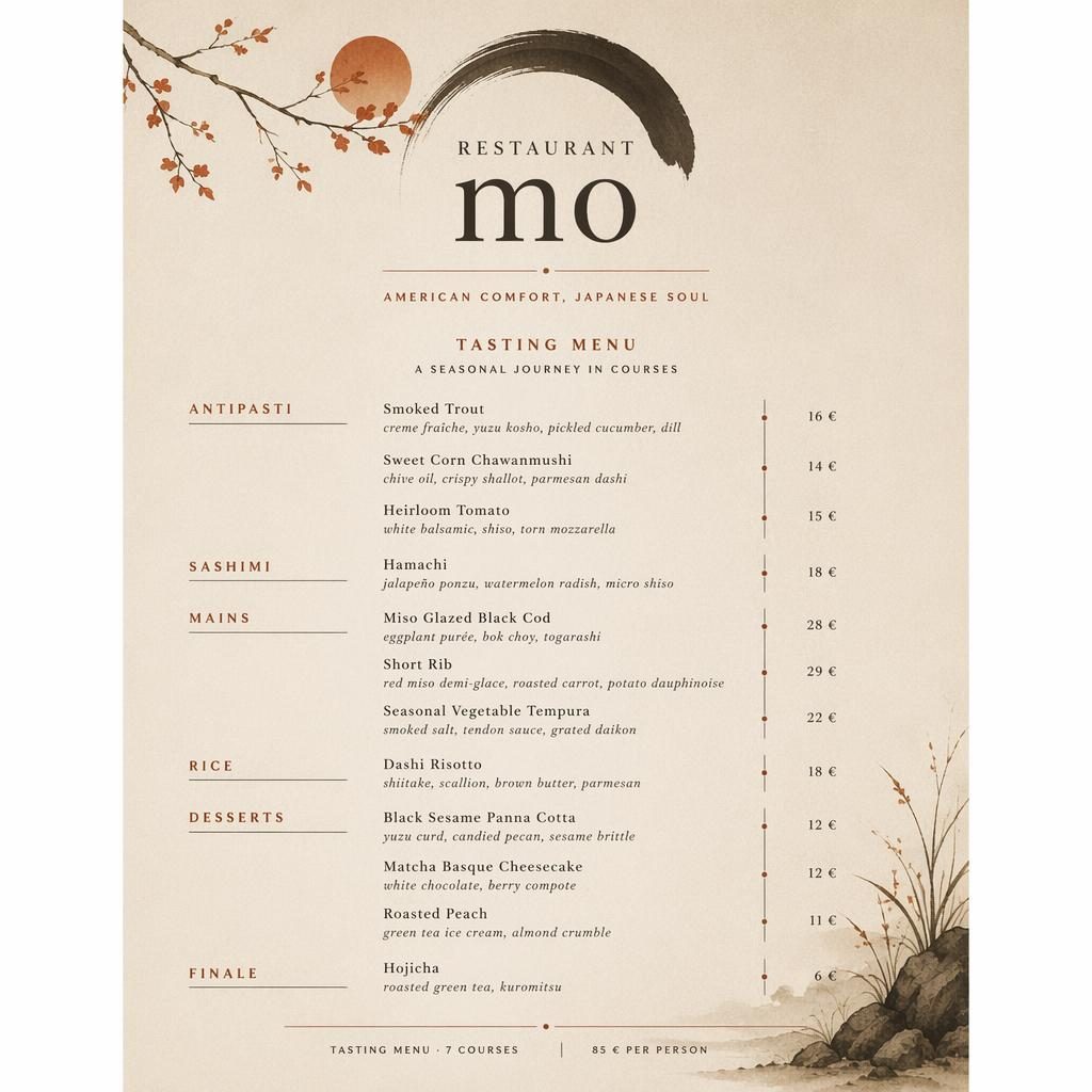 A4-Menükarte für Restaurant mo im japanischen Kaiseki-Stil, warme Erdtöne, Platzhaltertexte, Preise und Dekorkopf.