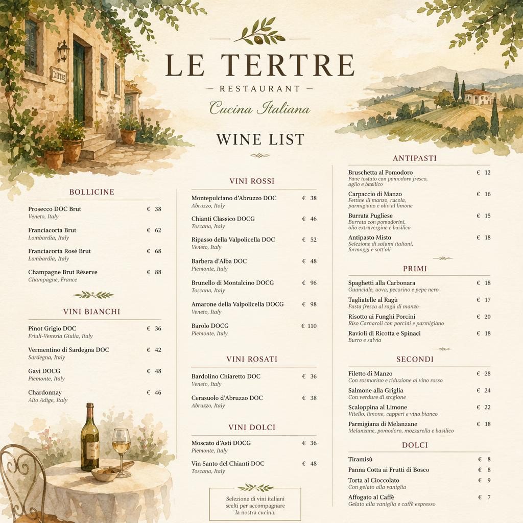 Carte des vins A4 en portrait pour le tertre restaurant, style aquarelle chaleureux, en-tête décoratif et colonne de prix.