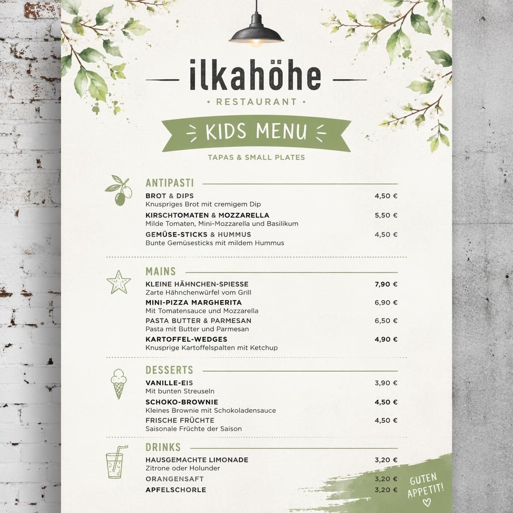 A4-Menükarte für Kinder von ilkahöhe restaurant im Industrial-Loft-Stil mit Frühlingsfarben, Rubriken und Preisen