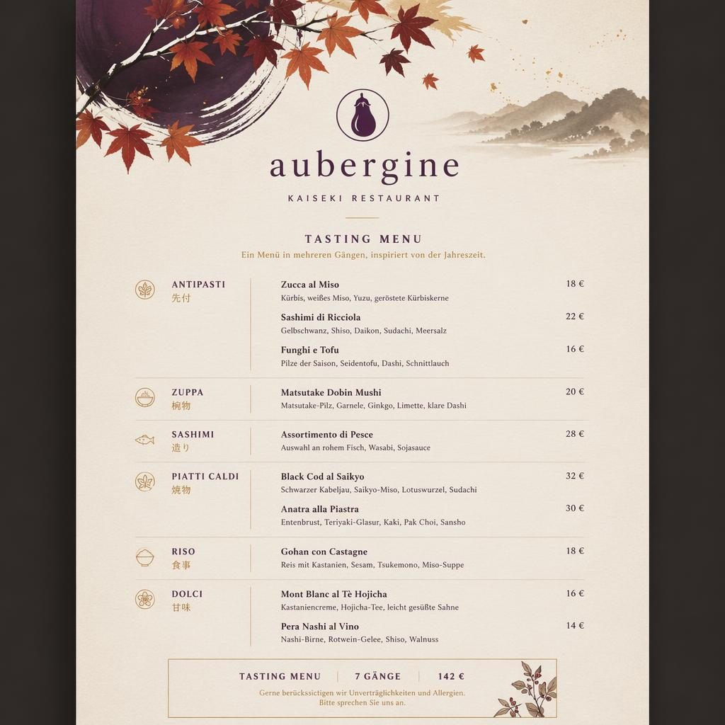 A4-Menükarte für restaurant aubergine im japanischen Kaiseki-Stil mit herbstlicher Farbpalette, Platzhaltertext und Preisspalte