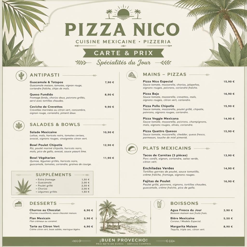 Carte de menu A4 portrait style resort tropical, palette sauge et ivoire, en-tête décoratif, rubriques et colonne de prix.