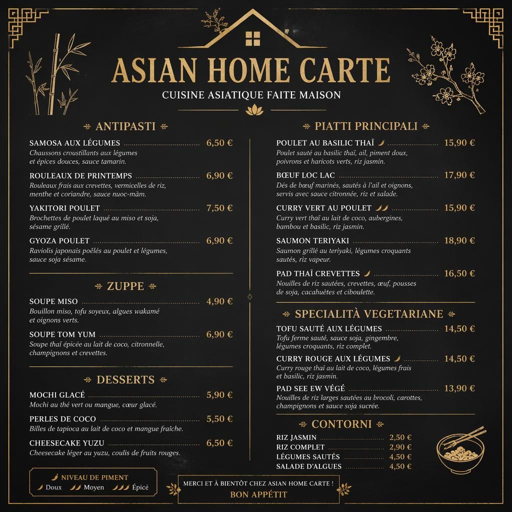 Carte de cocktails A4 en portrait, fond noir style ardoise avec détails dorés, en-tête décoratif, typographie de menu et colonne de prix.