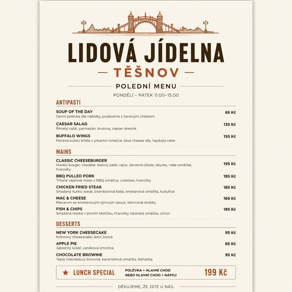 A4 menu karta na výšku pro lidová jídelna těšnov, minimalistický švýcarský layout, zemité tóny, ceny a sekce.
