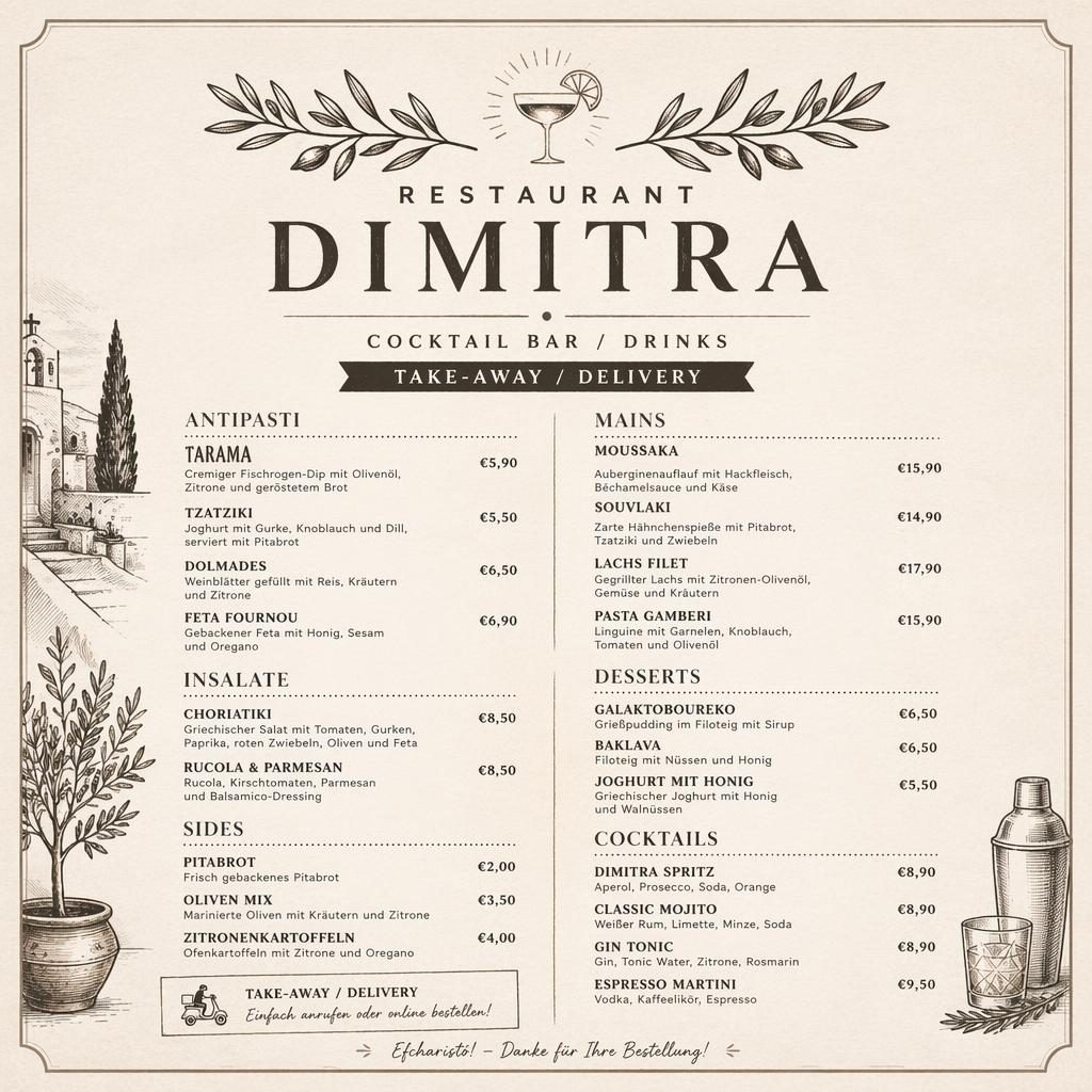 A4-Menükarte für restaurant dimitra im Hochformat, warm-rustikal, monochrom mit dekorativem Header, Rubriken und Preisspalte