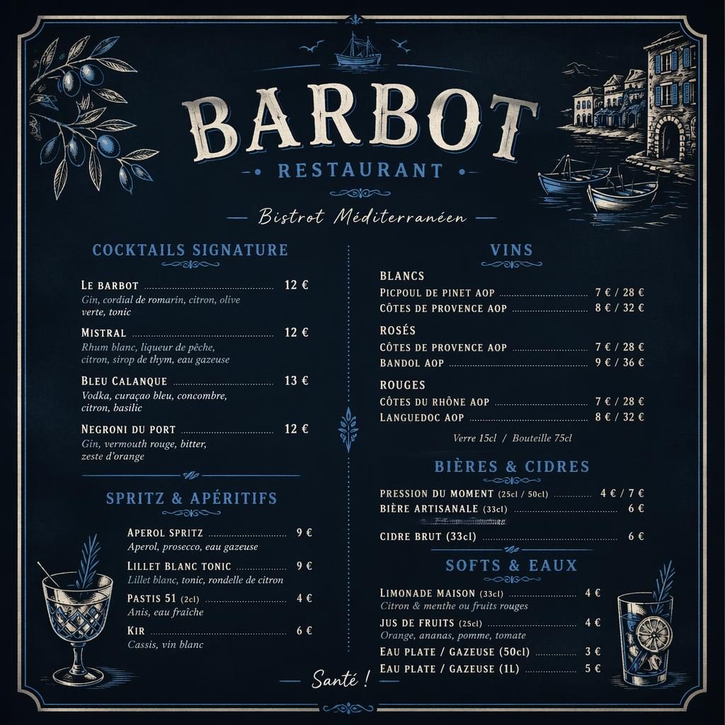 Carte de cocktails A4 portrait pour barbot restaurant, style ardoise bleu méditerranéen et crème, avec en-tête décoratif et prix.