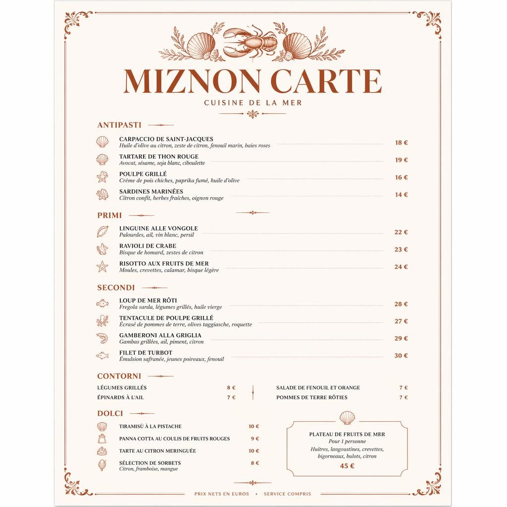 Carte de menu A4 portrait pour miznon carte, style luxe crème et rouille, rubriques, plats, descriptions et colonne de prix.