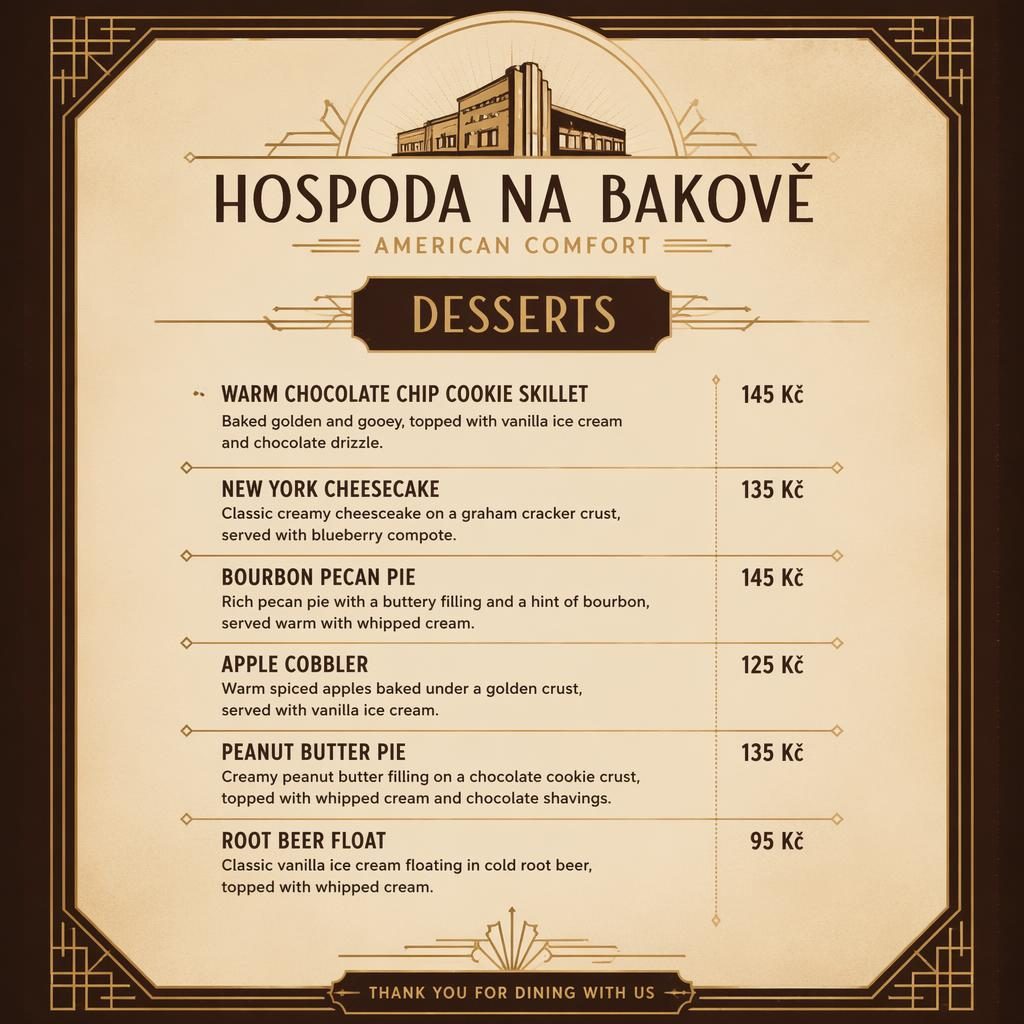 A4 dezertní menu karta pro hospoda na bakově, art deco, teplá zemní paleta, dekorativní záhlaví a sloupec cen