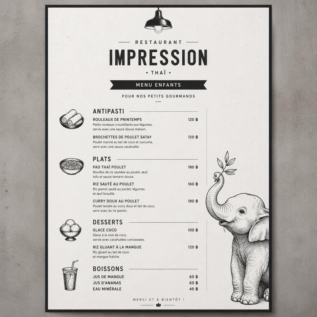Carte de menu enfant thaï en format A4 portrait, style loft industriel monochrome, avec rubriques, plats fictifs et colonne de prix.