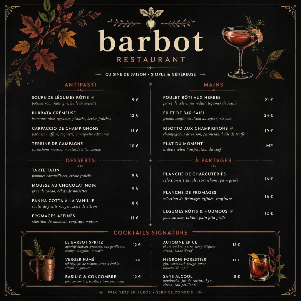 Carte de cocktails A4 en portrait pour barbot restaurant, style ardoise café, palette automnale, en-tête décoratif et prix.
