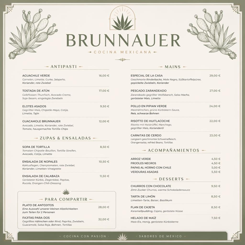 A4-Menükarte für Restaurant Brunnauer im Hochformat, Salbeigrün und Elfenbein, mit dekorativem Header, Rubriken und Preisen.