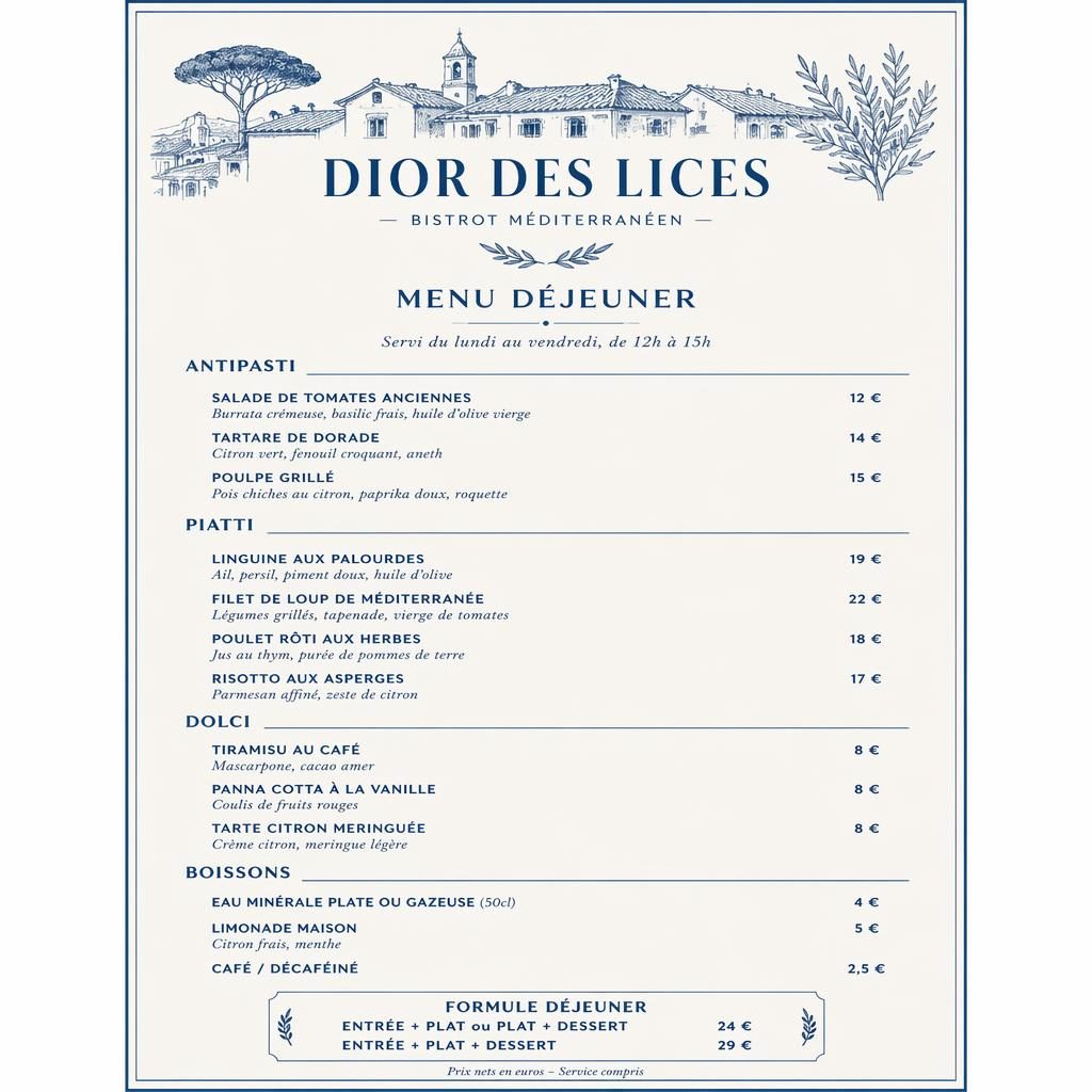 Carte de menu déjeuner A4 en style suisse minimaliste, bleu méditerranéen et crème, avec rubriques, plats et prix.