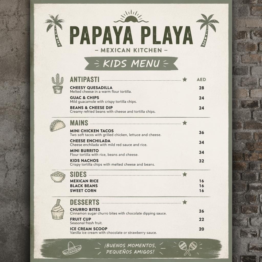 A4 portrait kids menu card for Papaya Playa with sage and ivory colors, decorative header, placeholder dishes and prices.