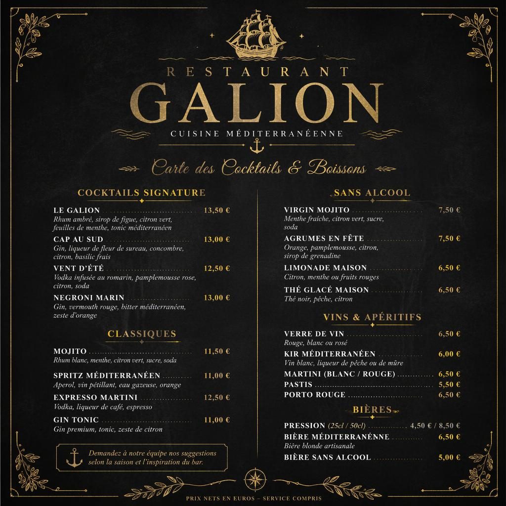 Carte de cocktails A4 en portrait pour restaurant galion, style ardoise noir et or, en-tête décoratif, rubriques et prix.