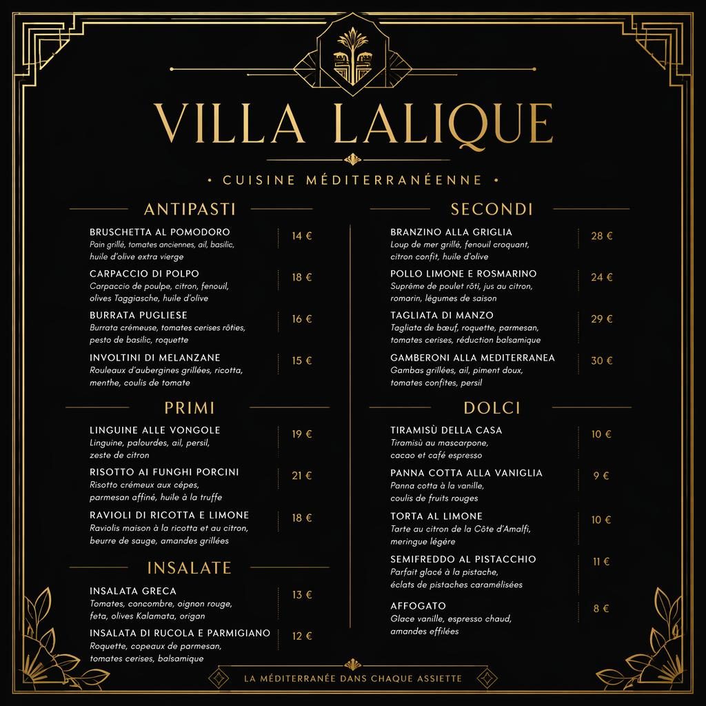 Carte de desserts A4 en style art déco noir et or, avec en-tête décoratif, typographie de menu et colonne de prix.