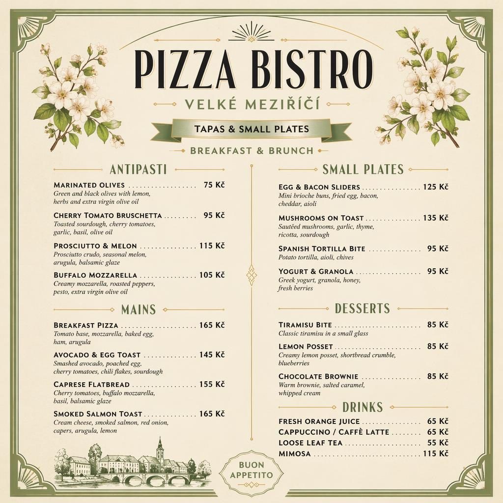A4 menu karta na výšku pro pizza bistro velké meziříčí ve stylu 20. let, s jarní paletou, sekcemi a cenami.