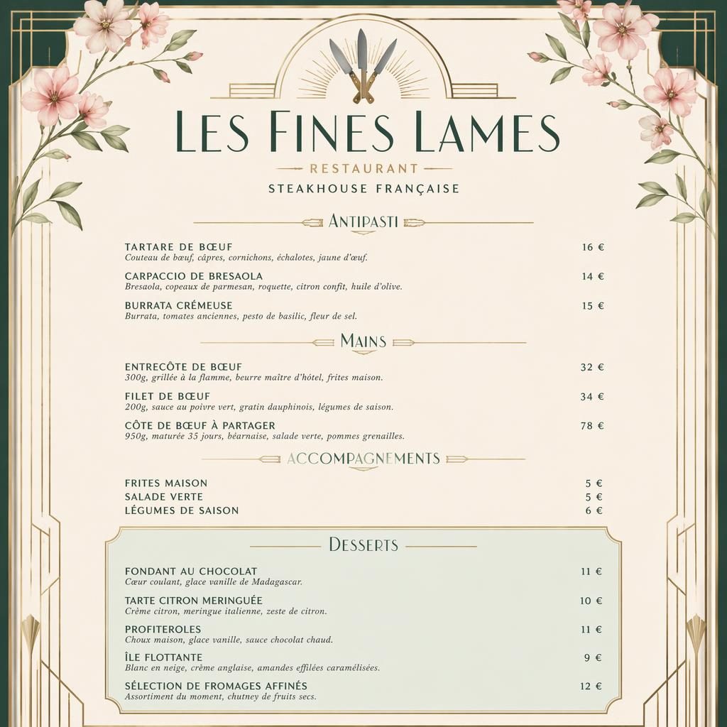Carte de desserts A4 portrait Art déco pour les fines lames restaurant, palette printanière, en-tête décoratif et colonne de prix.