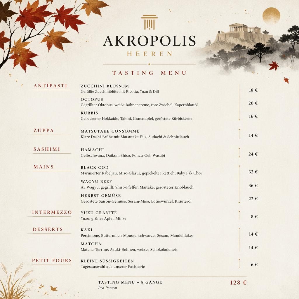 A4-Menükarte für Akropolis Heeren im japanischen Kaiseki-Stil mit Herbstfarben, Überschriften, Gerichten und Preisen.