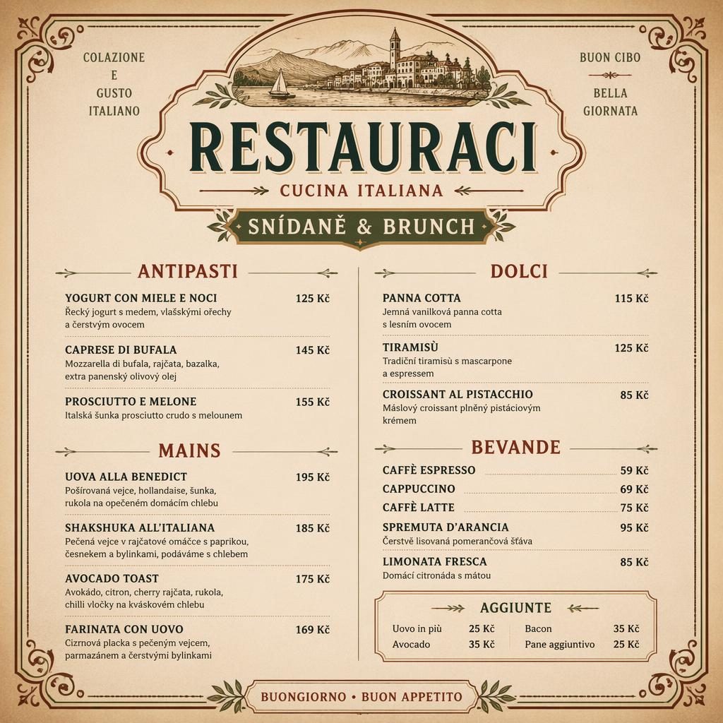 A4 menu karta pro restauraci v italském stylu, vintage 20. léta, teplé zemité tóny, dekorativní záhlaví a ceny