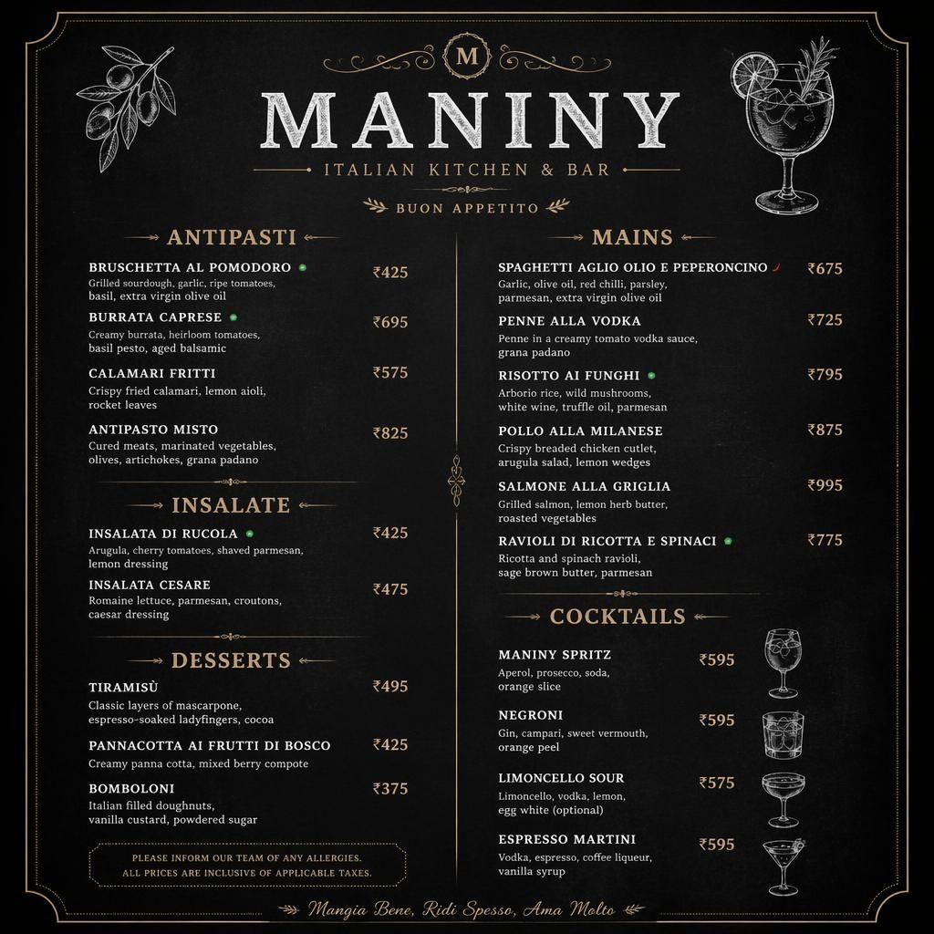 A4 koktejlový lístek pro maniny menu v indickém stylu, tmavá křídová tabule, dekorativní hlavička a ceny.
