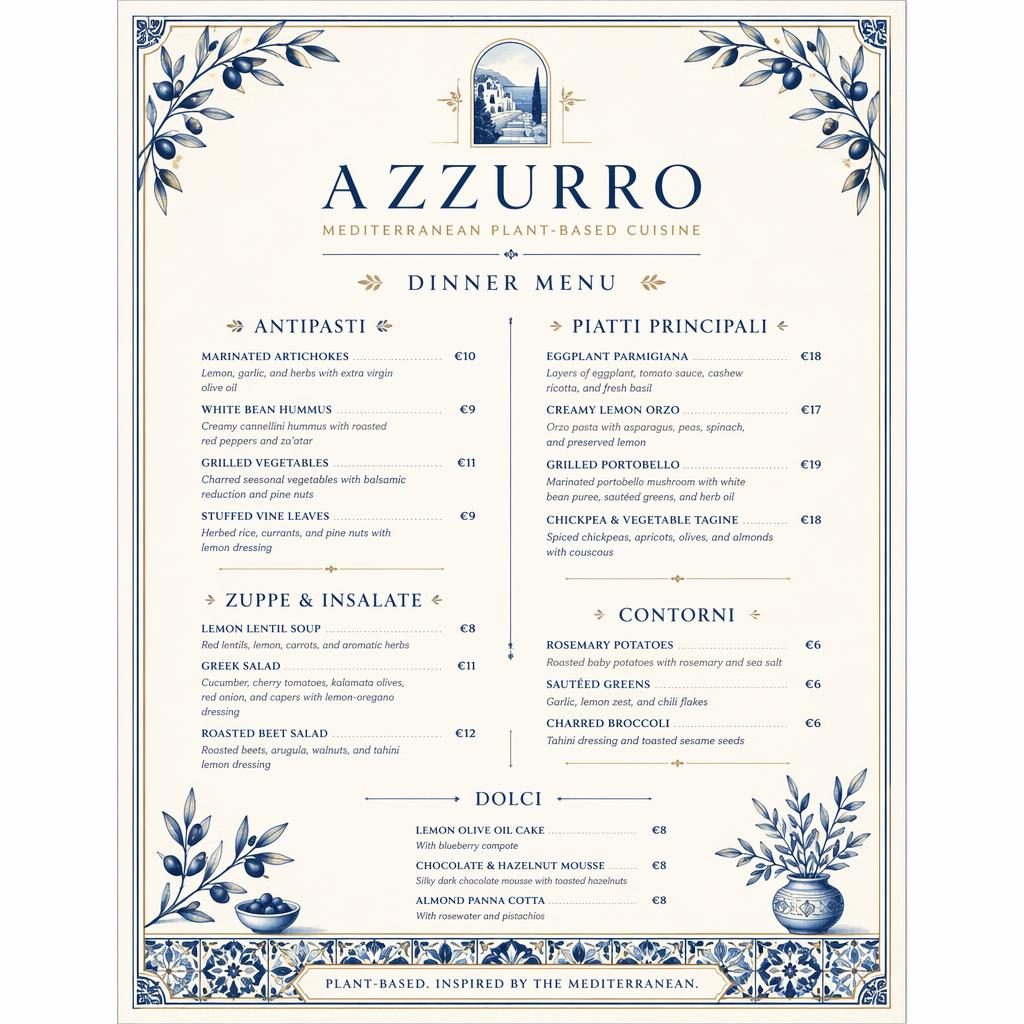 Tarjeta de menú A4 vertical vegana/vegetariana con diseño fine dining, tonos azul mediterráneo y crema, secciones y precios.