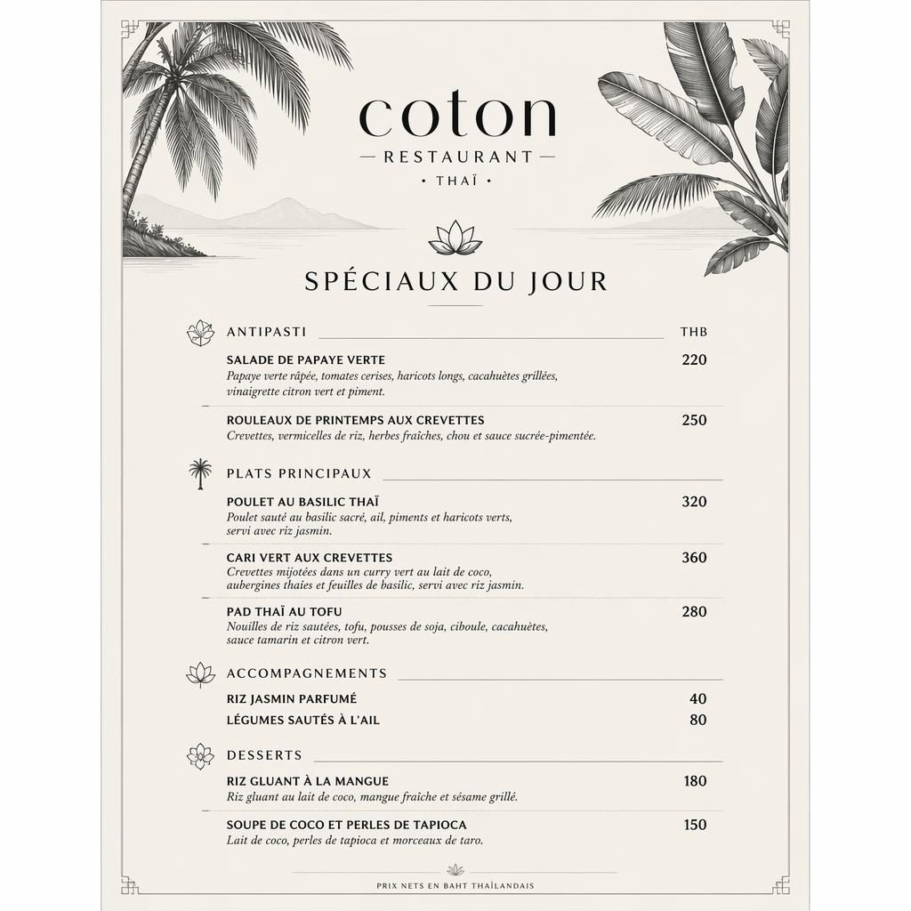 Carte de menu A4 verticale pour restaurant thaï Coton, style tropical monochrome avec en-tête décoratif et prix.