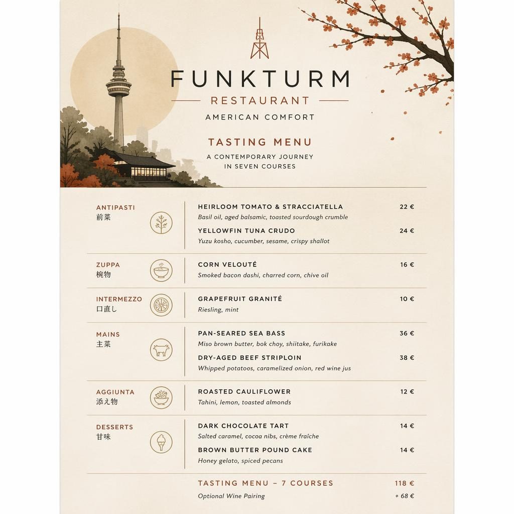A4-Menükarte im Hochformat für Funkturm Restaurant, Kaiseki-Layout in warmen Erdtönen mit Platzhaltertext und Preisen