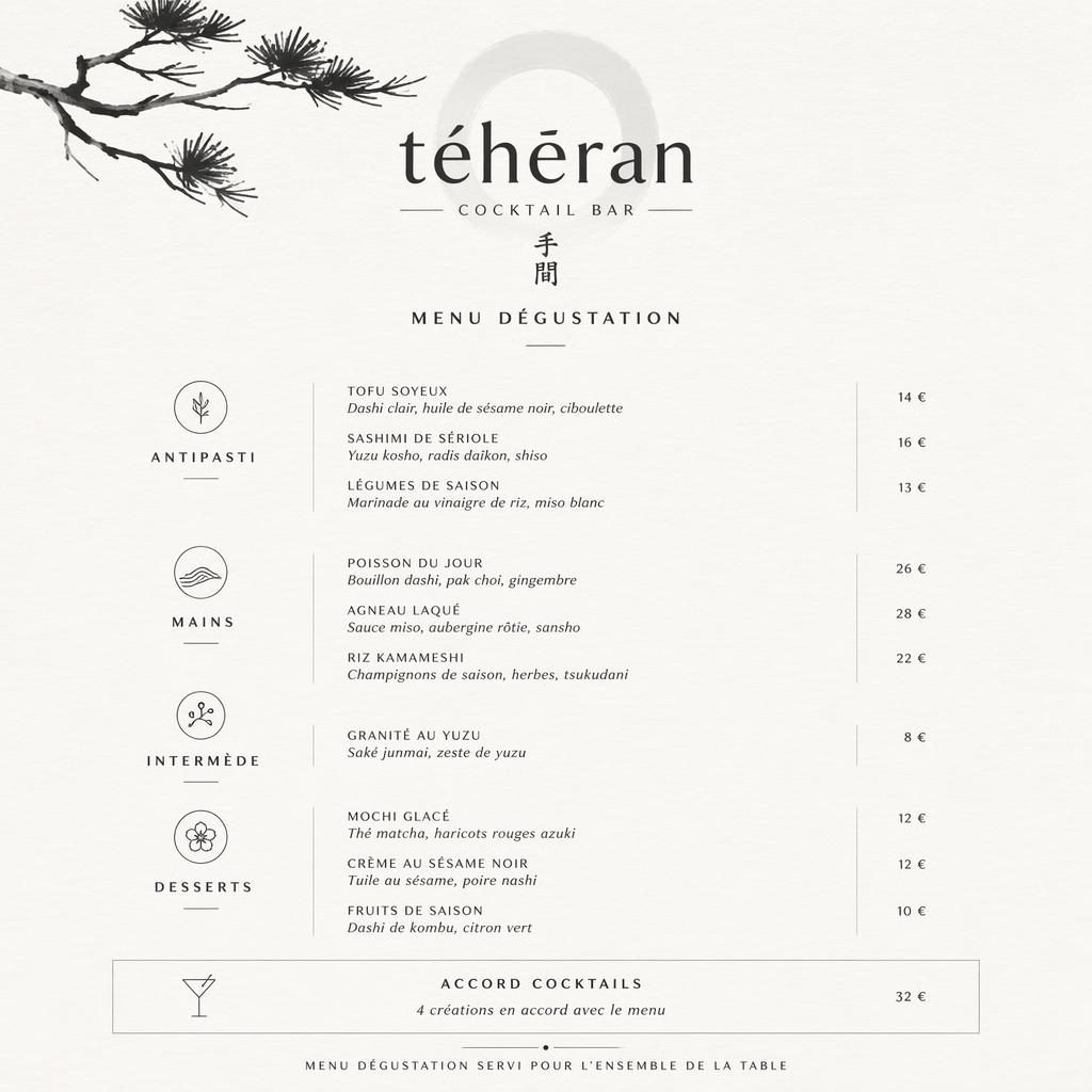 Carte de menu A4 portrait pour restaurant téhéran, style kaiseki japonais monochrome avec en-tête décoratif, sections, plats et prix.