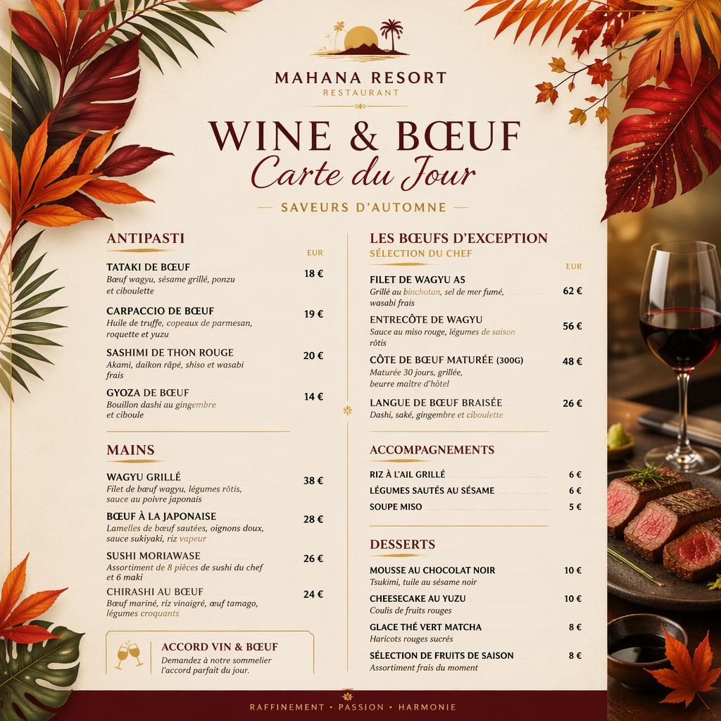 Carte de menu A4 portrait, style resort tropical aux tons automnaux, avec en-tête décoratif, rubriques et colonne de prix.