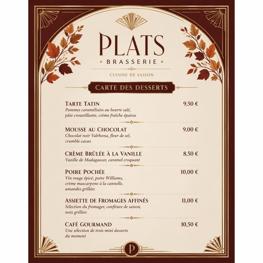 Carte de desserts A4 en portrait, style art déco, palette automnale, en-tête décoratif, typographie de menu et colonne de prix.