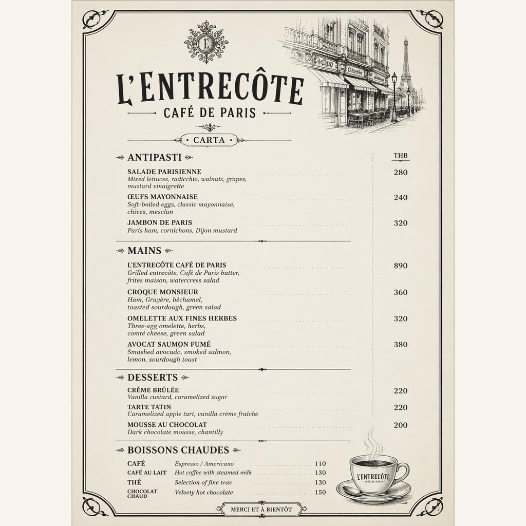 Tarjeta de menú A4 en vertical para desayuno brunch, estilo vintage años 20, monocroma, con encabezado decorativo y precios.