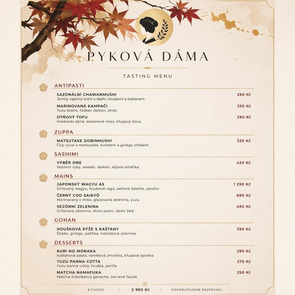 Tisková A4 karta degustačního menu pyková dáma v japonském kaiseki stylu s podzimní paletou, nadpisy sekcí a cenami.