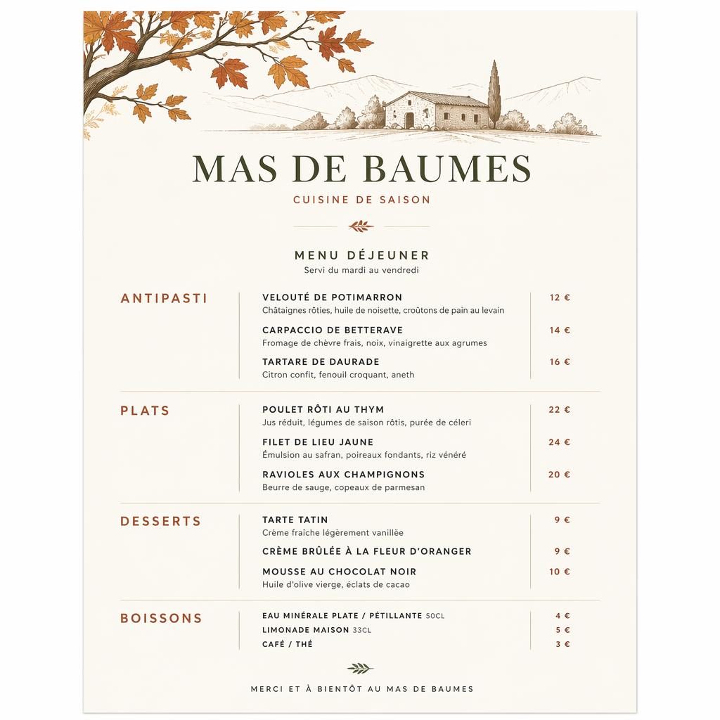 Carte de menu déjeuner A4 en portrait, style suisse minimaliste, palette automnale, en-tête décoratif et colonne de prix.