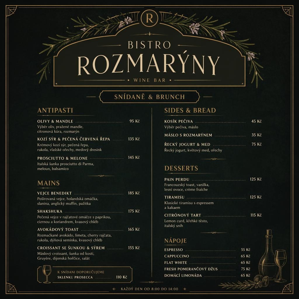 Tisková A4 menu karta na výšku pro bistro rozmarýny, vintage styl 20. let, tmavá náladová paleta a cenový sloupec.