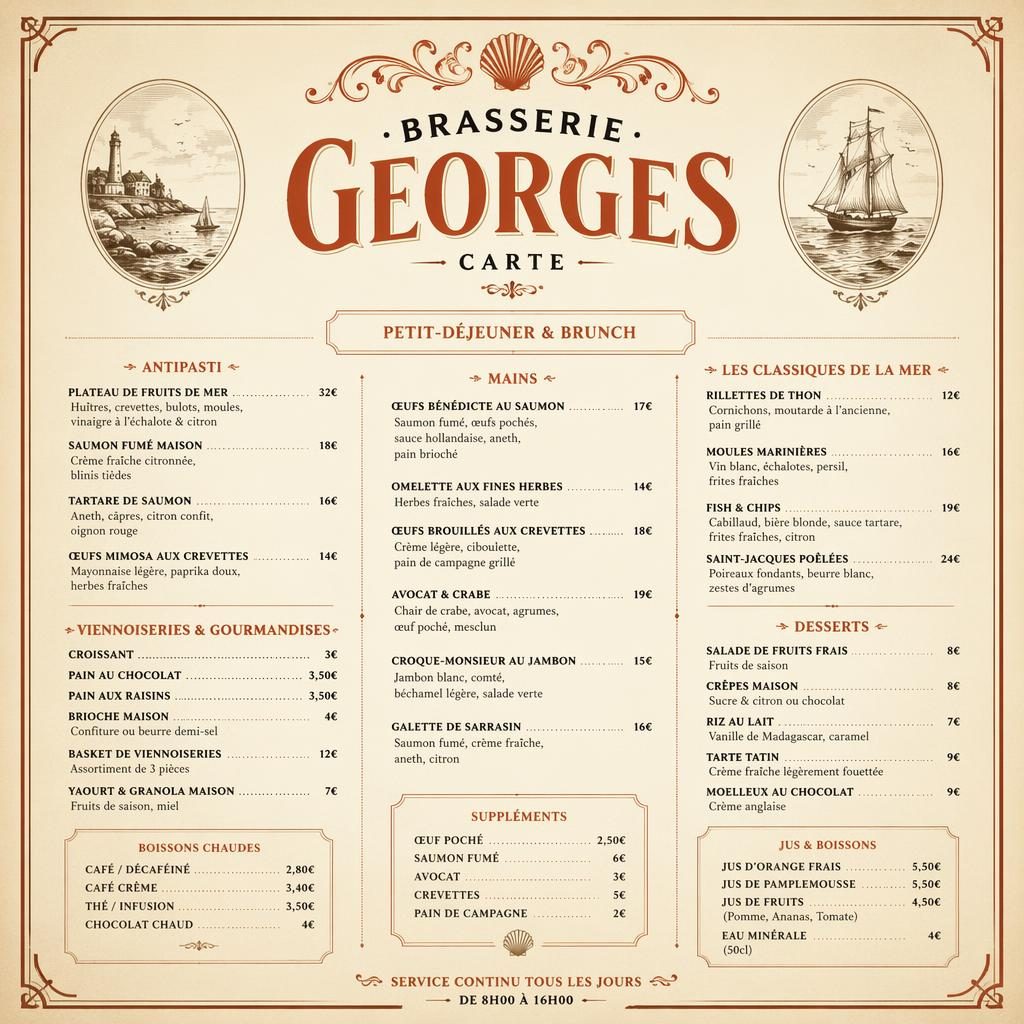Carte de menu A4 en portrait, style années 1920 crème et rouille, avec en-tête décoratif, sections brunch et colonne de prix.