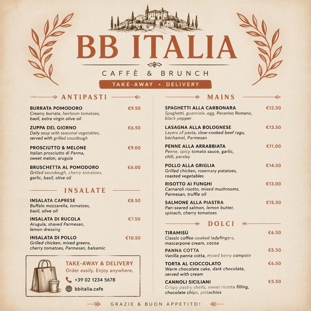 A4 portrait takeaway cafe menu card for bb italia menu in warm cream and rust, with rustic header, sections, dishes, and prices.