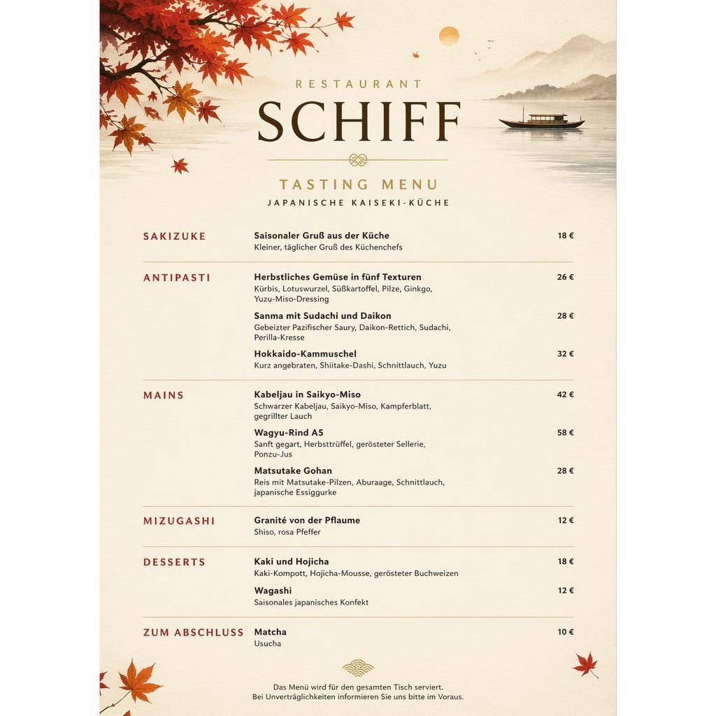A4-Menükarte im Hochformat für Restaurant Schiff, Kaiseki-Layout in herbstlicher Farbpalette mit Preisen und Platzhaltertext.