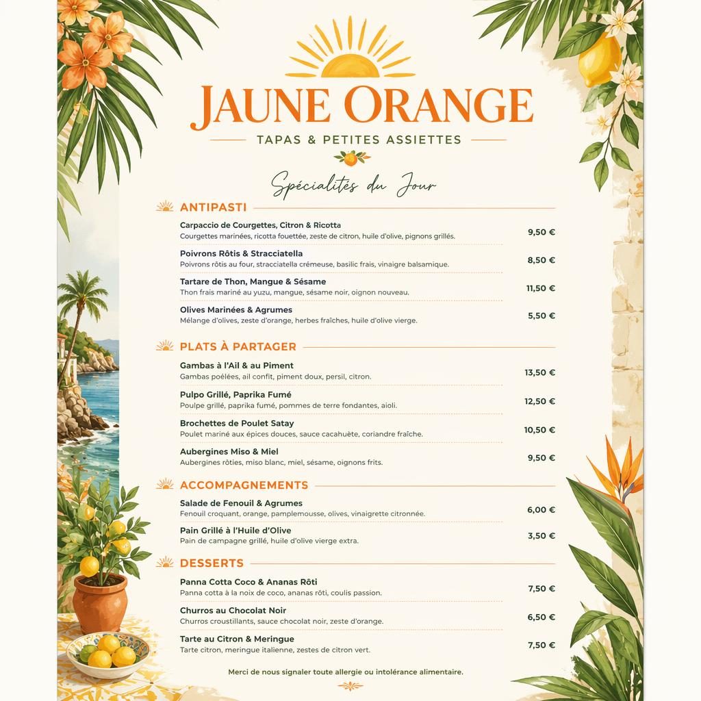 Carte de menu A4 portrait pour restaurant jaune orange, style resort tropical, palette printanière, rubriques et prix